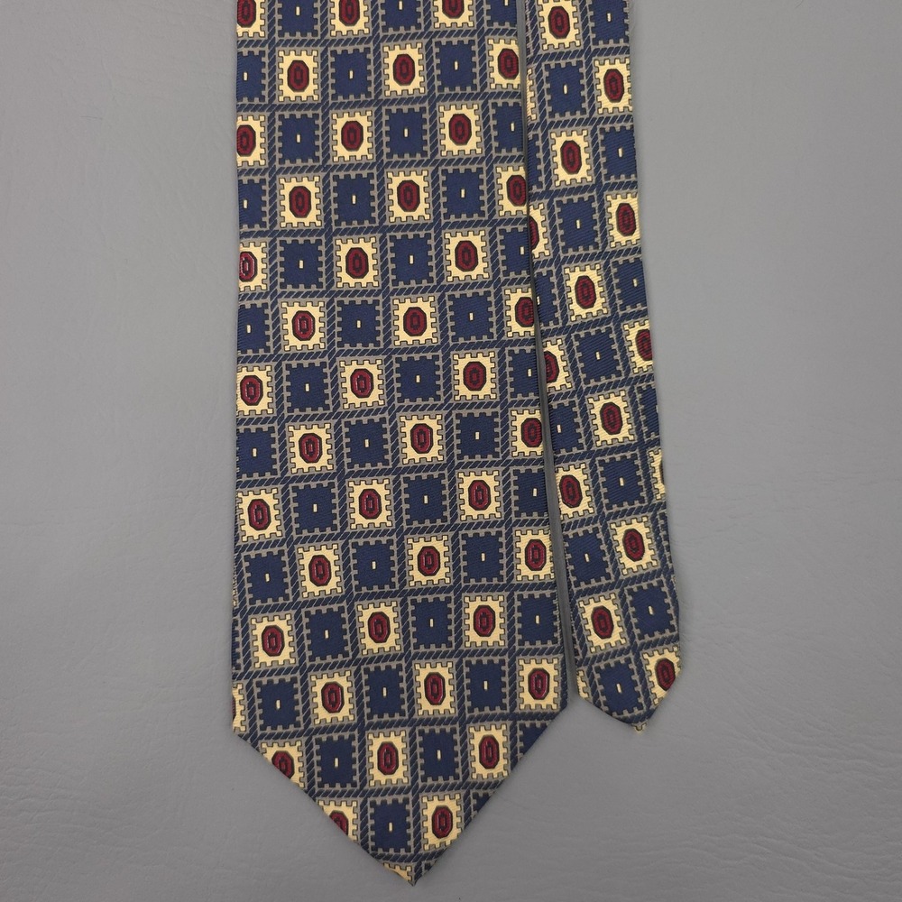 Vintage Burberrys Of London Tie Mens One Size Blue Silk Geometric Hand Sewn USA